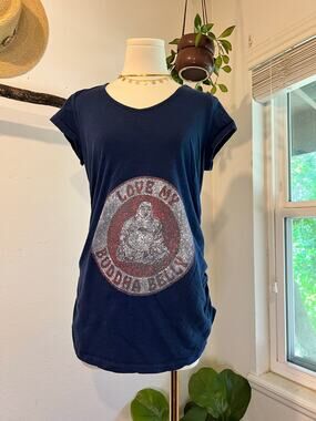 Blue 100% Cotton Graphic Love My Buddha Belly Maternity Shirt Size Small